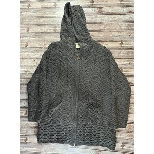 Aran Sweater Market 100% Wool knit Hooded Zip cardigan coat size L color Grey